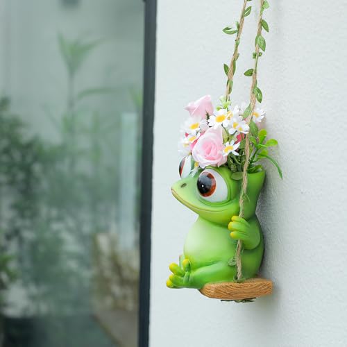 Hanging Swing Frog Planter, Cute Resin Succulent Flower Pot with Drainage Hole, Indoor Outdoor Garden Decor