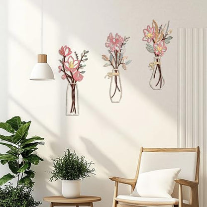 Embewhis Wall Decor Metal Flowers 3pcs, Rustic Farmhouse Flower Sculptures, 13.7" Wall Art Decor, Drill-Free Install Option for Living Room, Kitchen, Bedroom & Bathroom - size: H