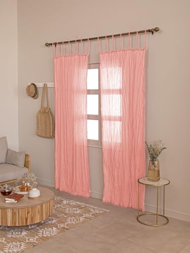 TARAN LIVING Sheer Crinkle Curtain Panel Set of 2, 100% Washable Cotton Window Treatment Rod Pocket Curtain Panels for Kitchen, Bedroom and Living Room (Salmon Pink, Long Door (40"x96")) - color: Salmon Pink