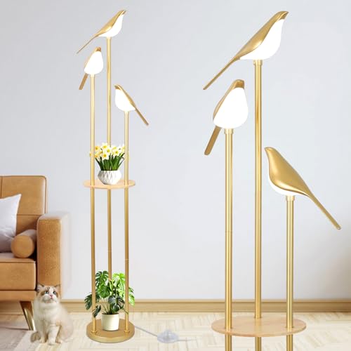 Gold Floor Lamps for Living Room, Modern Floor Lamp with Shelves, Mid Century Standing Lamp with 3 Adjustable LED Bird Lights, Corner Tall Lamp with Table, Brass Stand up Lamp for Bedroom Kids Room - color: Gold