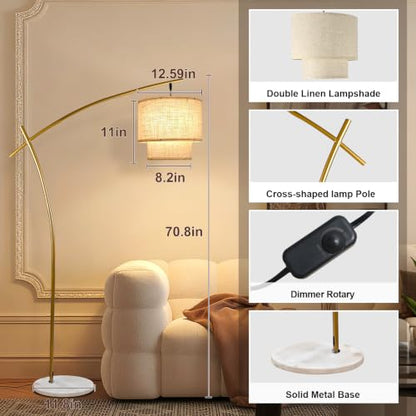 Lightdot Gold Arc Floor Lamp 70in Modern Standing Tall Lamps 3000K Dimmable - color: Fabric-Gold