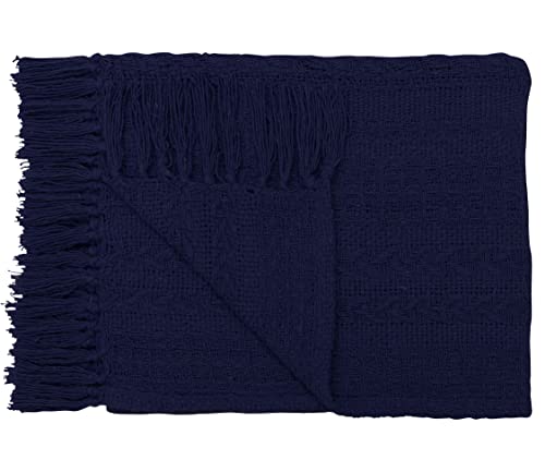 Handwoven Set of Two - Cotton Throw Blankets, Rustic Ottoman & Batik Chair - Striped with Fringe, Picnic 50x60 - Herringbone Navy - color: Herringbone Navy