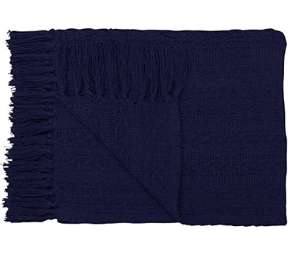Handwoven Set of Two - Cotton Throw Blankets, Rustic Ottoman & Batik Chair - Striped with Fringe, Picnic 50x60 - Herringbone Navy - color: Herringbone Navy