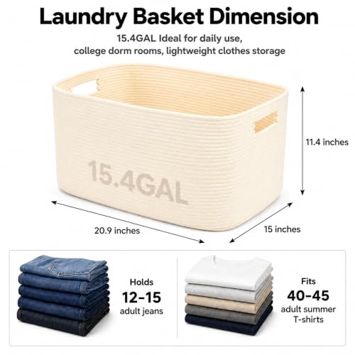 15.4GAL Woven Laundry Basket for Kids, Cute Boho Square storage basket for Living Room Decor, Baby Girls Boys Toys Stuffed Animal Decorative Short Hamper for Dirty Clothes, Bath Towel,Shoes Beige - color: Beige, size: 15.4GAL