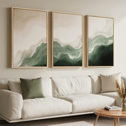 Large Framed Green and Beige Abstract Wall Art, 3 Piece Set, Each 20x30 In - color: Serene Tides, size: 20" W x 30" H x 3pcs
