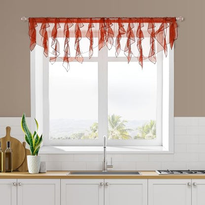 PearAge Ruffled Voile Semi Sheer Curtain Valance, Kitchen Living Room Shabby Chic Ruffle Valance Curtains, Girls Daughters Bedroom Cascade Window Valance 52x26 Inches (Red-Triangle) - color: Red