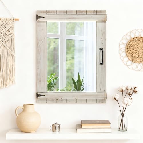 Oakrain Farmhouse Mirror, 24x32 Inch Distressed White Wood Frame with Black Metal Hinges, Rustic Wall Mirror for Bathroom, Living Room, Entryway, Bedroom - color: Distressed White-rectangular