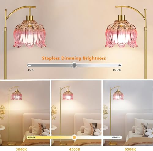 QIYIZM Pink Floor Lamp for Living Room,Bedroom,Gold Dimmable Standing Lamp with Remote,Mid Century Modern Brass Tall Lamp Boho Floor Lamps Arc Stained Glass Flower Floor Light Lamp Girls kids Bohemian - size: Floor Lamp--11