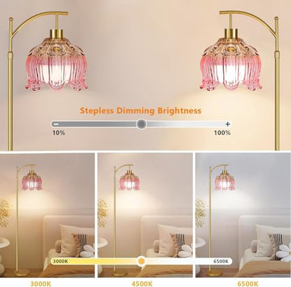 QIYIZM Pink Floor Lamp for Living Room,Bedroom,Gold Dimmable Standing Lamp with Remote,Mid Century Modern Brass Tall Lamp Boho Floor Lamps Arc Stained Glass Flower Floor Light Lamp Girls kids Bohemian - size: Floor Lamp--11