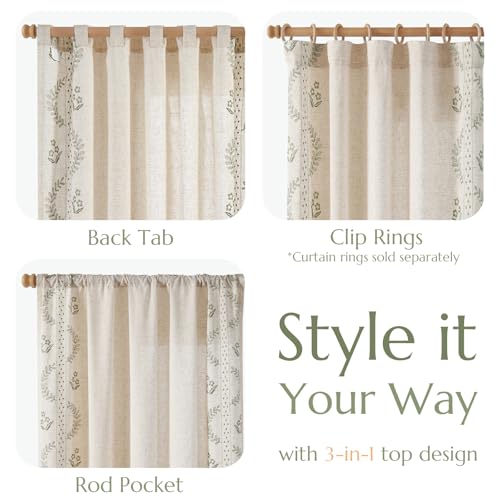 jinchan Floral Linen Curtains 84 Inch Farmhouse Back Tab 2 Panels - color: Sage, size: 50"W x 84"L (Pack of 2)