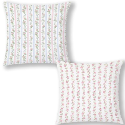 Cottagecore Rose Floral Striped Pillow Covers 18x18 Set of 2 - color: Blue and Pink 5, size: 18" x 18" (Pack of 1)