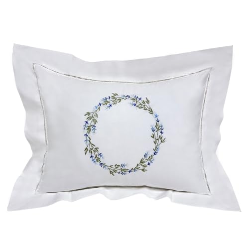 Jacaranda Living Embroidered Boudoir Pillow Cover – Handcrafted Embroidery, Fine Italian Cotton, Decorative Pillow Accent for Bedroom & Living Room (Lavender Wreath) - color: Lavender Wreath