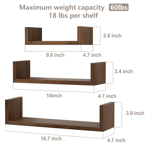 SRIWATANA Dark Brown Floating Shelves, Set of 3 Wood Wall Mounted Shelves - color: Dark Brown