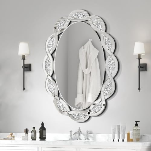 Crystal Decorative Wall Mirror, 24" x 36" Oval Silver Crushed Diamond Mirror, Glam Bling Wall Mounted Mirror for Bathroom Bedroom Living Room Home Decor - color: Silver10, size: 36"L x 24"W