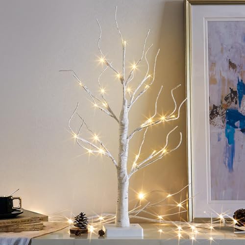 Vanthylit Lighted Tree, White Birch Tree with LED Lights, Prelit Artificial Tree with Timer, Centerpiece Tree Light for Christmas Decorations, Light Up Tabletop Tree Home Decor (2 FT, Warm White) - size: 2ft