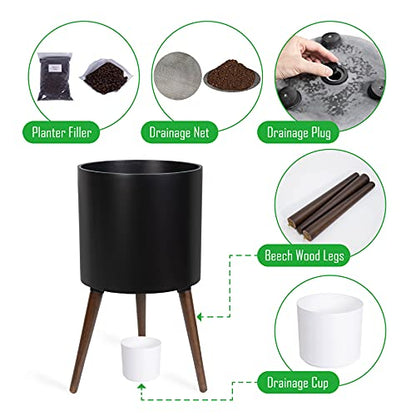 D'vine Dev 14 Inch Planter Pot with Wood Stand, Black, 88-O-D-2 - color: Matte Black, size: X-Large