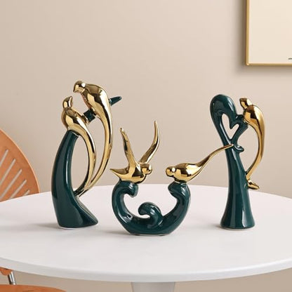 Ceramic Statues Set of 3, Birds and Base Sculpture Modern Home Decor - color: Green and Gold
