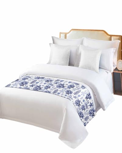 DecorLovee Navy Blue Coastal Bed Runners for King Size Bed, Beach Nautical Bed Throws for Foot of Bed, Ocean Coral Starfish Bed Runner Sofa Throw Bedding Scarf Protector Slipcover for Bedroom - color: Navy Blue Coastal, size: 94"x20" for King Bed