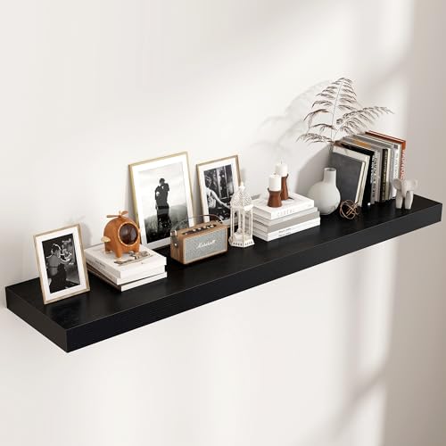 55 Inch Floating Shelves for Wall, 12"D Wood Storage Shelves, Black Finish - color: Black, size: 55 Inch
