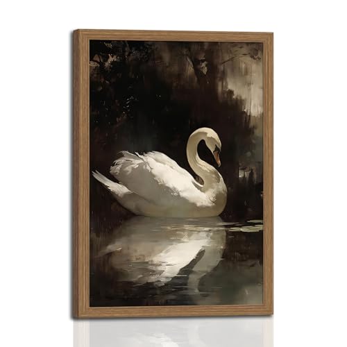 Framed Vintage White Swan wall art, Rustic Romantic Moody Swan Wall Decor Cottagecore Farmhouse Animal Paintings Canvas Prints for Living Room Bedroom Bathroom 12x16in - color: Elegant White Swan, size: 12"L x 16"W