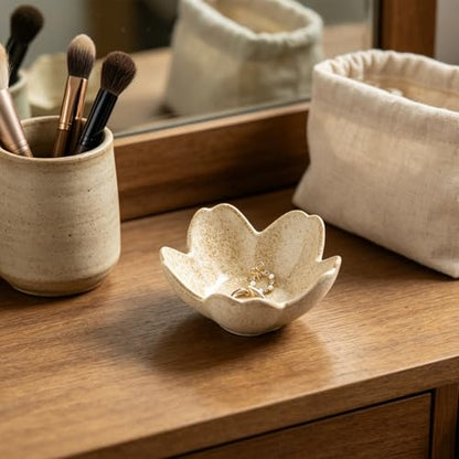 Floral Vanity Tray, Ceramic Jewelry Dish for Rings - color: camel