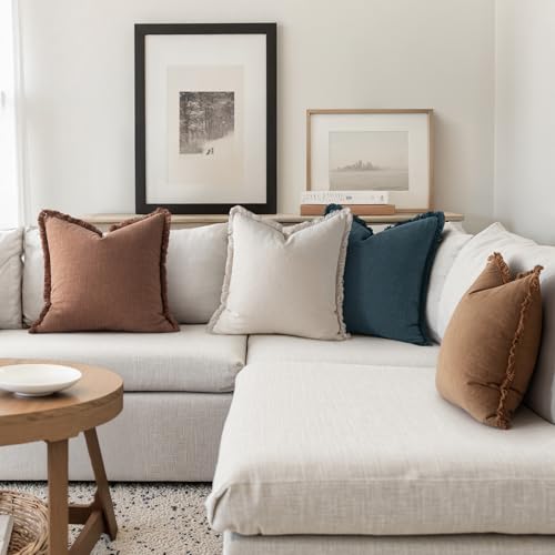MIULEE Fall Linen Fringe Pillow Covers Set of 4 24x24 Beige/Brown/Blue - color: Blue Brown, size: 24" x 24" (Pack of 4)