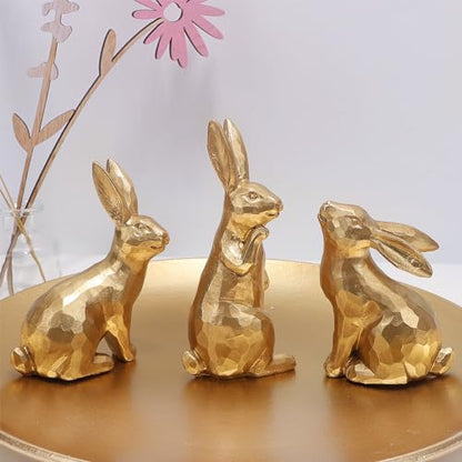 Glintoper 3 Pack Easter Bunny Figurines Decor, Mini Resin Golden Bunnies Spring Sculpture Tabletop Ornament, Rabbits Festival Present for Garden Home Table Office Dining Room Mantle Party Supplies