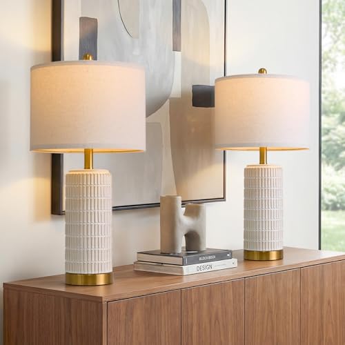 PoKat 25'' Modern Table Lamps Set of 2 for Living Room with Gold Base, White Farmhouse Bedside Lamps for Bedroom, Nightstand Lamps for Office End Table Hallway Home Decor Gift, Beige and White - color: Beige