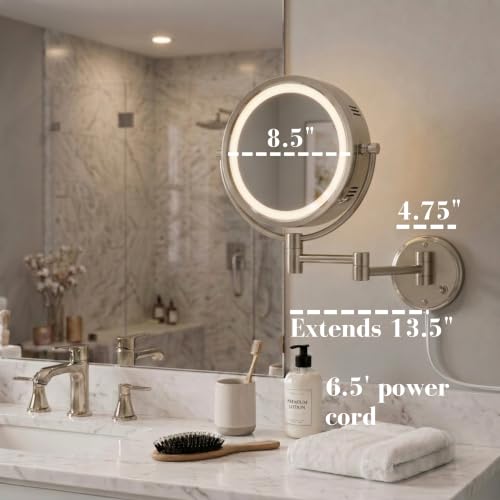 JERDON Lighted Wall-Mount Makeup Mirror - 8X - Nickel - HL88NL - color: Nickel Plug in
