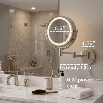 JERDON Lighted Wall-Mount Makeup Mirror - 8X - Nickel - HL88NL - color: Nickel Plug in