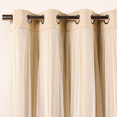 Best Home Fashion Set of 2 Lace Tulle Overlay Thermal Insulated Solid Blackout, Stainless Steel Nickel Grommet Window Panels for Bedroom, Living Room, Dining Room - 52" W x 96" L, Beige - color: Beige, size: 52"W x 96"L (Pack of 2)