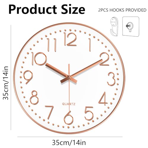 Modern Silent Wall Clock, 14 Inch Wall Clocks Battery Operated | Large Number, Non-Ticking Analog Clock with Tempered Glass Quartz Clocks for Living Room Bedroom Office Kitchen, Rose Gold - color: Rose Gold, size: 14 Inch