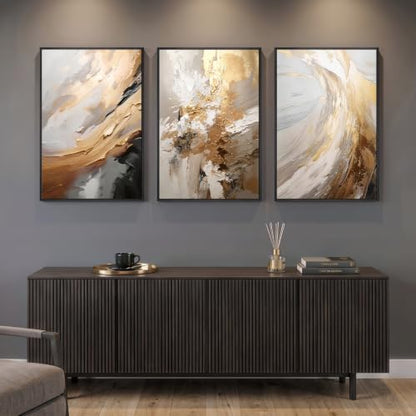 Large Framed Neutral Luxury Abstract Wall Art, 3 Piece Set, Each 20x30 In - color: Neutral Gold Accents, size: 20" W x 30" H x 3pcs