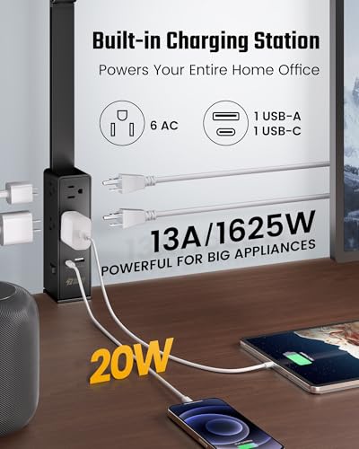 SUPERDANNY LED Desk Lamp with Power Strip (6 Outlets, 1 USB, 1 Type-C) for Home Office, Desk Light Computer Light with Clamp, Architect Desk Lamp with Smooth Dimming 5 Colors Touch & Wave Control - color: Black, size: With Power Strip