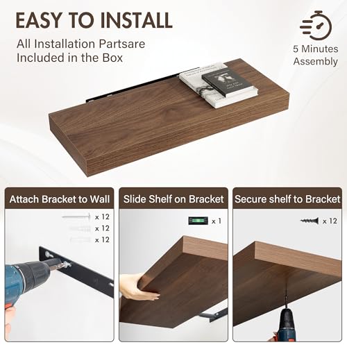 Acovy 30 Inch Floating Shelves, 12" Deep Floating Shelf Wall Mounted, 30" Wall Shelves, Rustic Deep Bookshelf, Extra Deeper & Thicker Display Shelves for Bedroom, Living Room, Walnut, Set of 2 - color: Walnut, size: 12"Wx30"L-2pcs