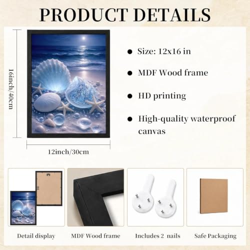 Black Framed Seashell Wall Art, Coastal Pictures Wall Decor, 12x16 in - color: Blue