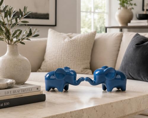4 Inch Blue Ceramic Elephant Figurines Set of 2 - color: Blue