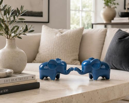 4 Inch Blue Ceramic Elephant Figurines Set of 2 - color: Blue