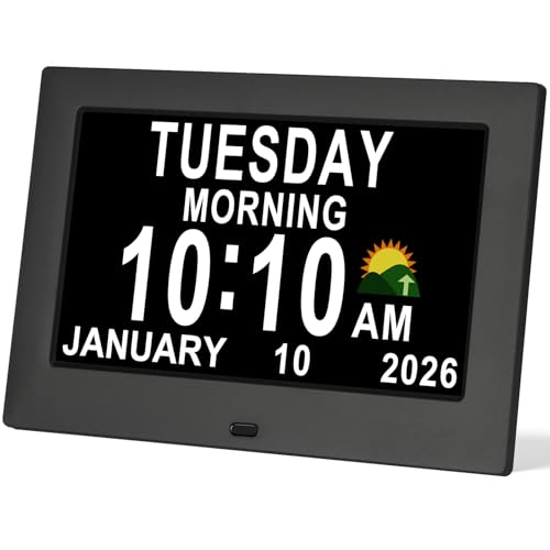 KASTISS Dementia Digital Clock for Seniors 7" Large Display Clock with Day and Date for Elderly Easy to Use 15 Alarms 5 Colors Auto Dimmable Alarm Clock for Bedroom Classroom Senior Gifts (Black)