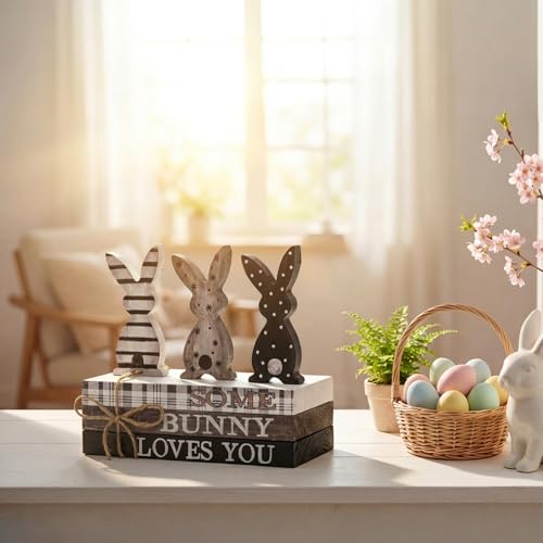 Smile Easter Wooden Stack, Rustic Bunny Mini Faux Books Bundle, Spring Tiered Tray Decorations, Indoor Decor for Kitchen Bathroom and Home Table Shelf - style: Classic Bunny