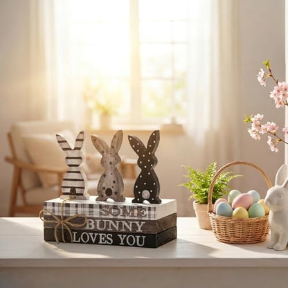 Smile Easter Wooden Stack, Rustic Bunny Mini Faux Books Bundle, Spring Tiered Tray Decorations, Indoor Decor for Kitchen Bathroom and Home Table Shelf - style: Classic Bunny