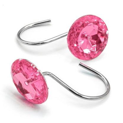 Crystal Diamond Round Shower Curtain Hooks Rings for Bathroom,Pink,12PCS - color: Pink