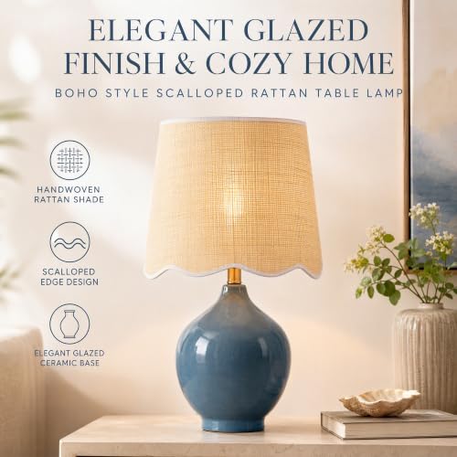 21"H Slate Blue Ceramic Table Lamp with Beige Faux Rattan Drum Shade - color: Slate Blue