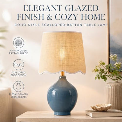21"H Slate Blue Ceramic Table Lamp with Beige Faux Rattan Drum Shade - color: Slate Blue