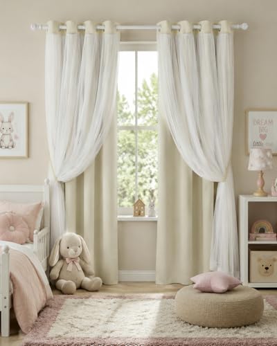 Beige Blackout Curtains with White Sheer Overlay for Bedroom/Living Room - color: Beige, size: 52"W x 63"L (Pack of 2)