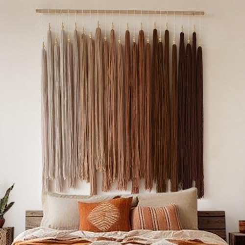 Macrame Wall Hanging Large Yarn Fiber Art Handmade Beaded Tassel 39"W*45"L | Boho Wall Art, Handmade Wall Hanging, Modern Home Style, Bedroom Wall Decor, Living Room Accent, Office Decoration - color: Brown1