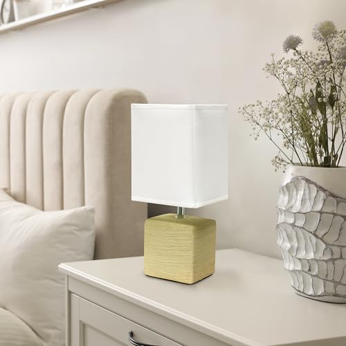 Simple Designs LT1218-BGE 11.81" Mini Cube Faux Stone Ceramic Table Lamp, for Living Room, Bedroom, Office, Beige with White Shade - color: Beige