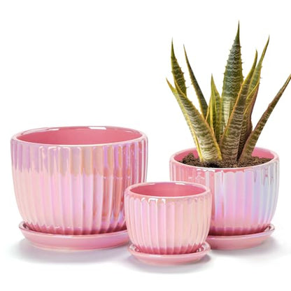 Pink Plant Pots，Ceramic Planters with Drainage Holes and Saucers Set of 3 - color: Pink