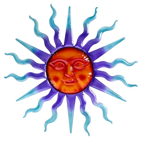 Large Metal Sun Wall Decor- 30" Large Outdoor Hanging Wall Art for Patio Farmhouse Garden Living Room Bedroom Decorations - color: Blue and Purple
