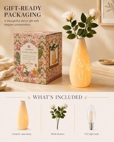 TACAHE Ceramic Vase Table Lamp - 2700K Bulb & 3 Artificial Flowers Included - style: Tulip